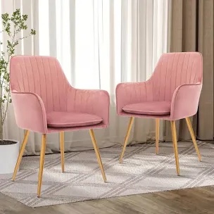 Velvet Dining Chairs Set of 2 Upholstered Gold Metal Legs Hot Pink Mid Century Modern Accent Chair for Living Room Kitchen Dining Room, Hot Pink