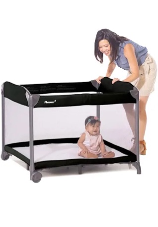 Joovy Room Large Portable Playpen for Babies and Toddlers with Nearly 10 sq ft of Space, Large Mesh Windows for 360 View, and Waterproof Mattress Sheet - Folds Easily when Not in Use (Black)