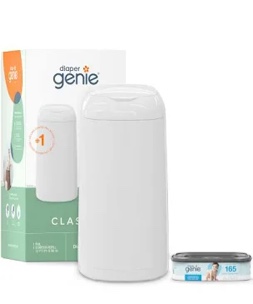 Diaper Genie Classic Pail Includes 1 Starter Square Refill That can Hold up to 165 Newborn-Sized Diapers.