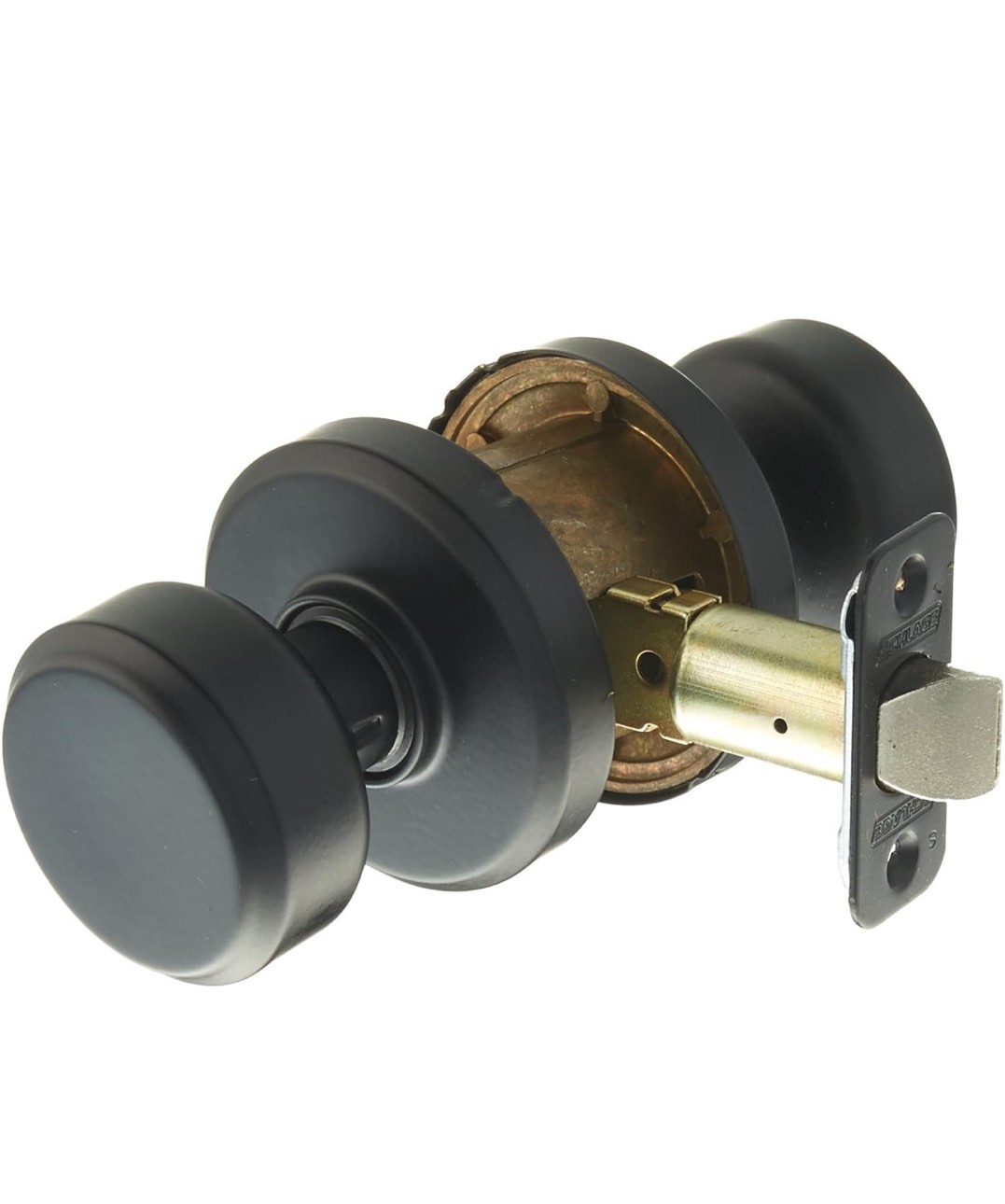 Schlage F10-BWE-GSN Bowery Passage Door Knob with Decorative Greyson Rose from t, Matte Black