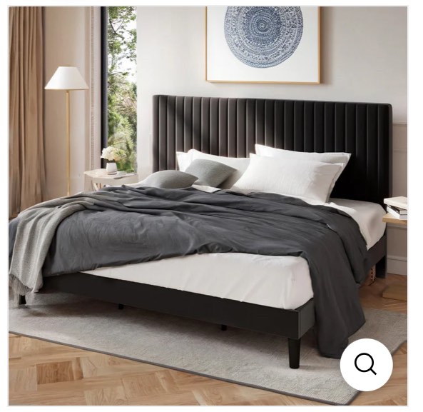 Velvet Upholstered Platform Bed Frame with Vertical Line Tufted Wingback Headboard, Strong Wooden Slats, and No Box Spring Needed (incomplete)