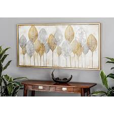 CosmoLiving by Cosmopolitan Canvas Leaf Framed Wall Art with Gold Frame, 55" x 2" x 27", Brown, LARGE SIZE