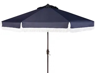 SAFAVIEH PAT8008A Collection Milan Fringe Navy and White 9Ft Crank Outdoor Push Button Tilt Umbrella