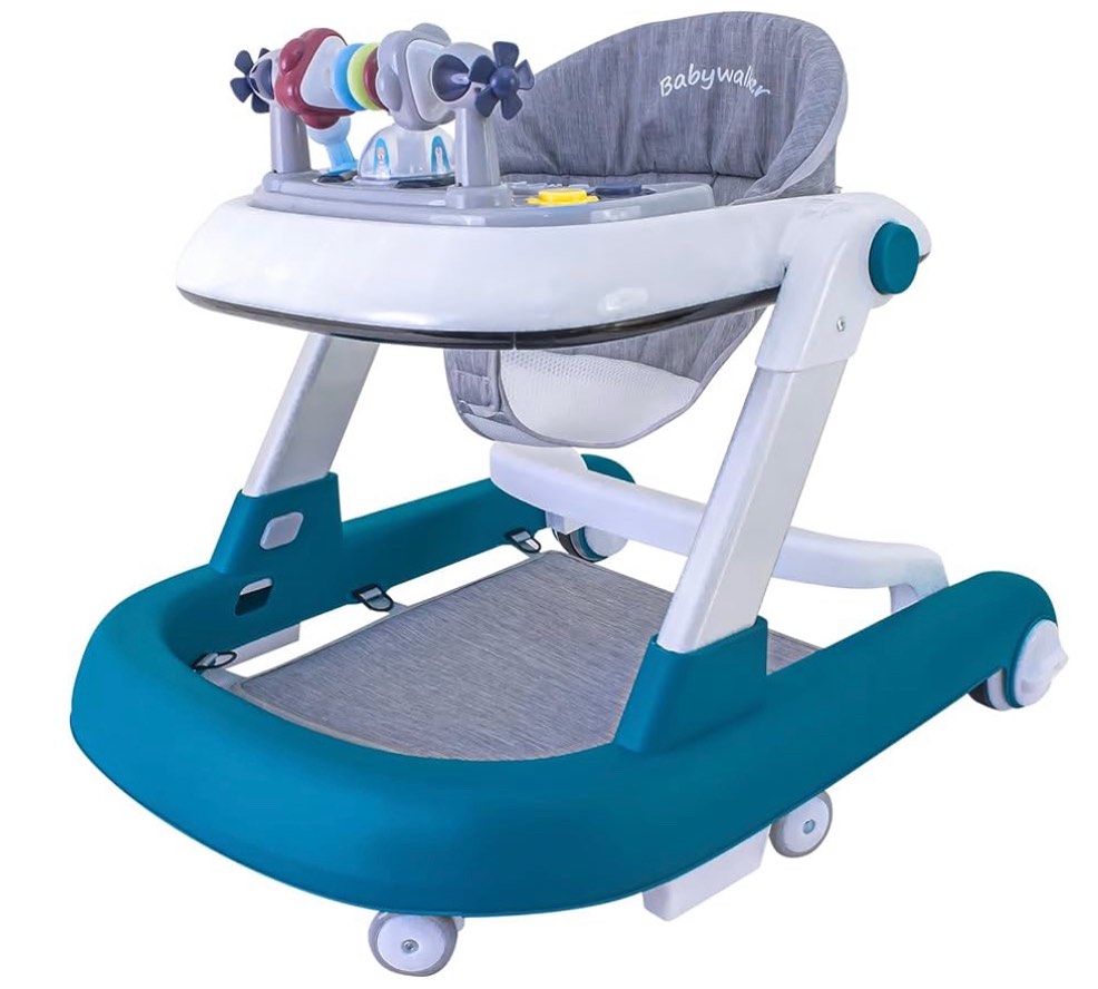 Foldable Baby Walker, 3 in 1 Toddler Walker Bouncer, Learning-Seated, Walk-Behind, Music, Adjustable Height, High Back Padded Seat, Detachable Trampoline Mat, Activity Walker with Toys (Blue)