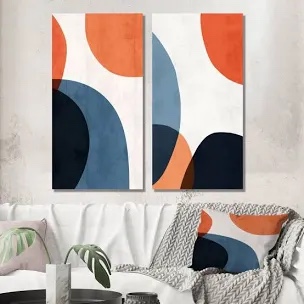 Blue And Orange Minimal Boho Pattern I - Abstract Minimalism Wall Art Living Room Set Of 2 