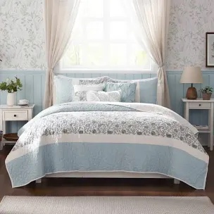 Madison Park 100% Cotton Quilt Set Floral Print, Double Sided Stitching, All Season, Lightweight Coverlet Shabby Chic Bedding Layer, Matching Shams, King/Cal King, Light Teal 6 Piece , Aqua