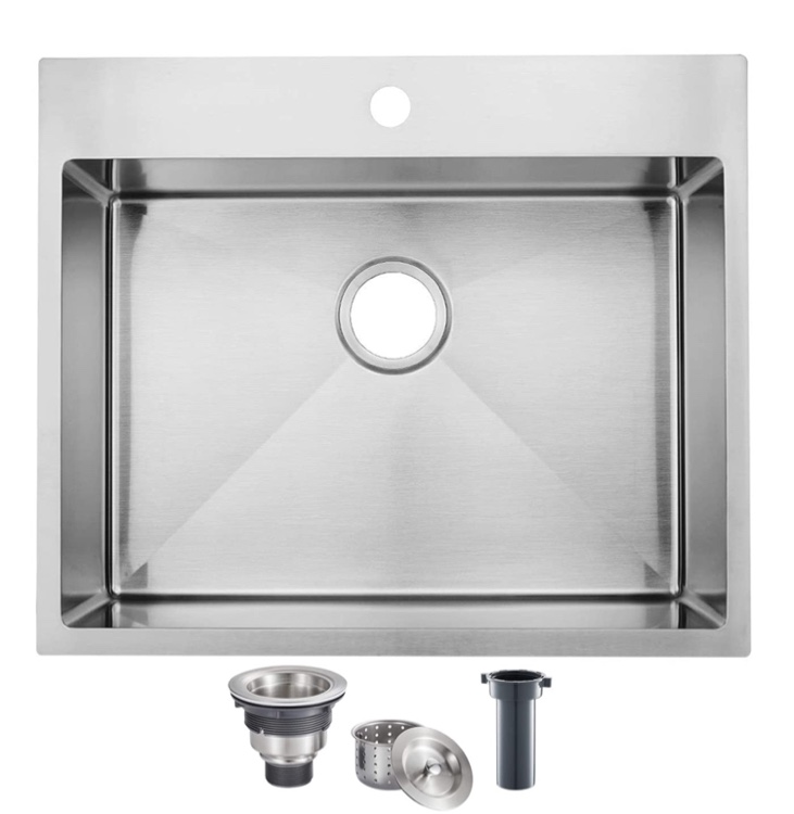 SHACO 25x22 Inch Drop In Kitchen Sink, Top Mount 16 Gauge 304 Stainless Steel 25 Inch Drop In RV Laundry Utility Sink, Brushed Nickel Single Bowl Sink Topmount Overmount Sinks with Drain