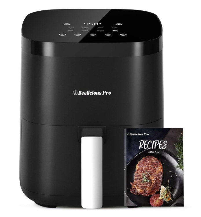 Beelicious Air Fryer, 8-in-1 Smart Compact 4QT Air Fryers, Shake Reminder, 450°F Digital Airfryer with Flavor-Lock Tech, Tempered Glass Display, Dishwasher-Safe & Nonstick, Fit for 1-3 People, Black