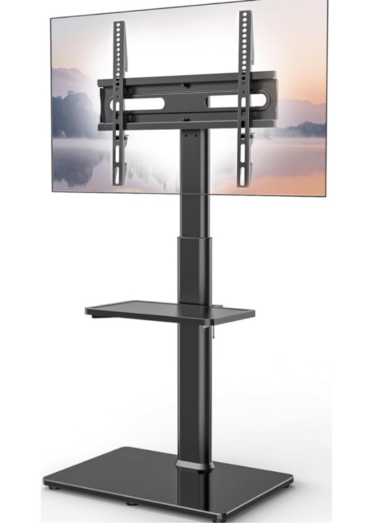 Ax Waber Universal Floor TV Stand with Mount 70 Degree Swivel 9 Level Height Adjustable and Space Saving Design for Most 27 to 65 inch LCD, LED OLED TVs One Shelf