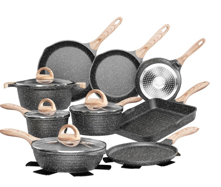 JEETEE Pots and Pans Set Nonstick 23pcs, Healthy Kitchen Cookware Sets, Induction Cooking Set W/Gray Granite Stone Frying Pans, Saucepans, Sauté Pan, Griddle Pan & Crepe Pan (PFOA Free)