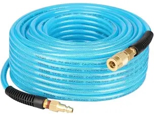 YOTOO Reinforced Polyurethane Air Hose 1/4" Inner Diameter by 100' Long, Flexible, Heavy Duty Air Compressor Hose with Bend Restrictor, 1/4" Swivel Industrial Quick Coupler and Plug, Blue