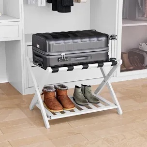 Fully Assembled White Bamboo Luggage Rack, 5 Straps Folding Suitcase Stand with Shoe Shelf, Heavy Duty Wood Large Luggage Holders for Guest Room, Bedroom, Hotel