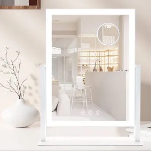 Hollywood Vanity Mirror with Lights, Lighted Makeup Mirror with Detachable 10X Magnification Mirror, 3 Colors, 360°Rotation Rechargeable Desk Makeup Mirror with Lights White