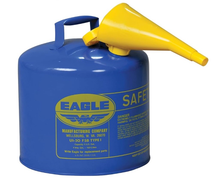 Eagle 5 Gallon Type I Blue Safety Gas Can for Kerosene with Flame Arrester, Self-Closing Lid, and F-15 Funnel, Made in the USA, Galvanized Steel Flammable Storage Can, UI50FSB
