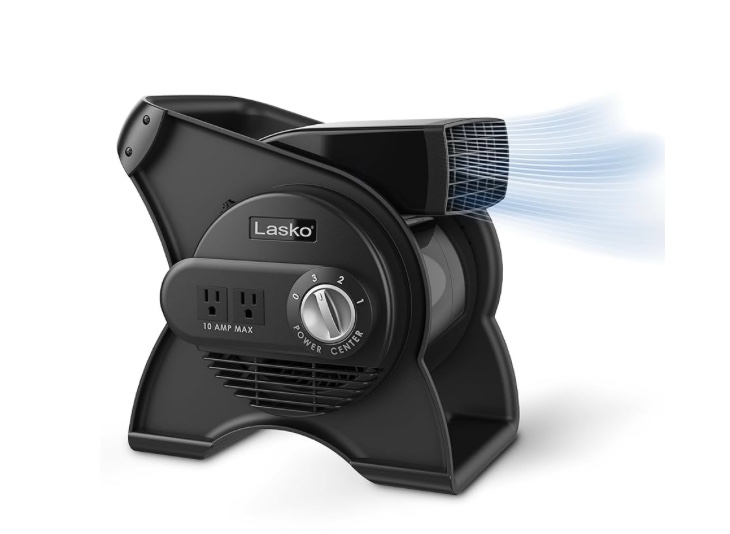 Lasko 12” Utility Fan for Job Site or Home Use, 289 CFM, Pivoting High Velocity Blower Fans, 3 Speeds, 2 Accessory Outlets 120V, Black, U12104