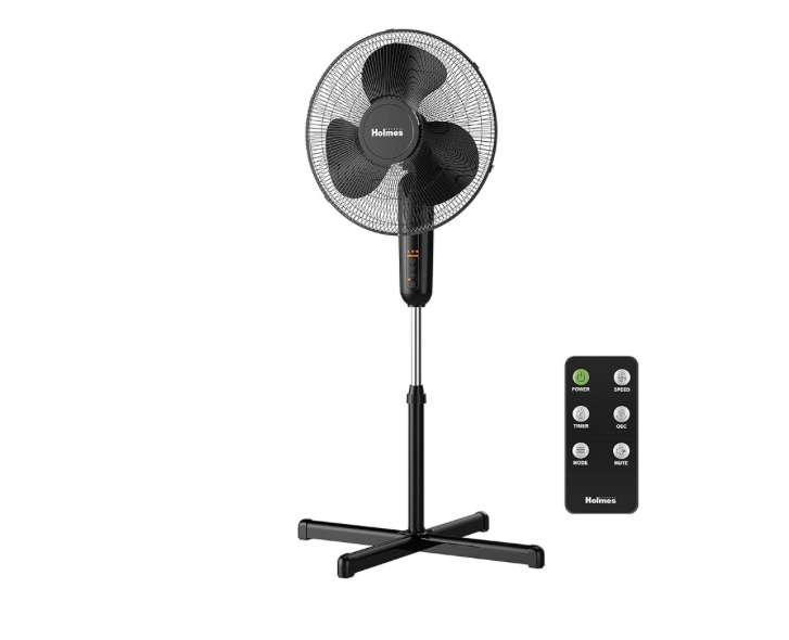 HOLMES 16" Digital Stand Fan, 80° Oscillation, 3 Speeds, 3 Modes, 7.5 Hour Timer, Adjustable Height, 30° Adjustable Head Tilt, Ideal for Home, Bedroom or Office, Remote Control, Black