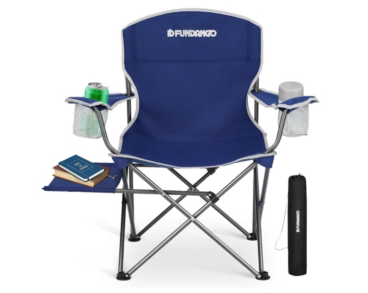 FUNDANGO Folding Camping Chair with Table, Portable Heavy Duty Outdoor Padded Chairs for Adults with Cup Holders for Lawn Beach Picnic Outside Travel (Blue)