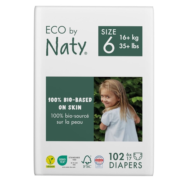 Eco by Naty Eco-Friendly Baby Diapers - 100% Plant-Based Materials on Skin, Soft, for Sensitive Skin & Super Absorbent (Size 6, 102 Count)