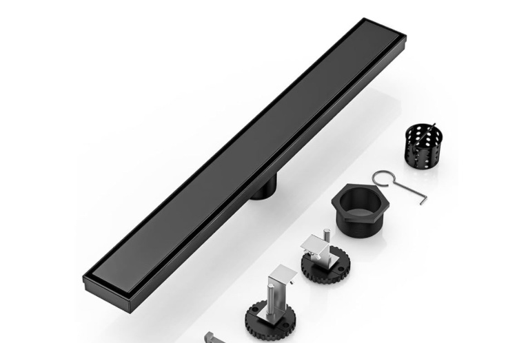 DLONE Linear Shower Drain | 24" AISI 304 Stainless Steel Shower Drain, Black Linear Drain with 2-in-1 Tile Insert Panel & Adjustable Feet, Long Rectangle Shower Floor Drain in Bathroom, Balcony, etc.