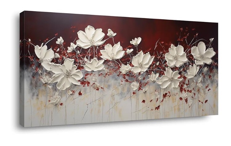  LASDEL Stretched Canvas Wall Art of White Flowers Plant Picture for Living Room Bedroom Home Decoration, Beautiful White and Red Premium Nature Print Artwork Painting Decor, Inner Frame 20x40 Inches