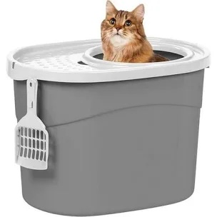 IRIS USA Cat Litter Box, Large Top Entry with Litter Catching Lid and Scoop, Dog Proof, Enclosed Cat Litter Box, Gray/White
