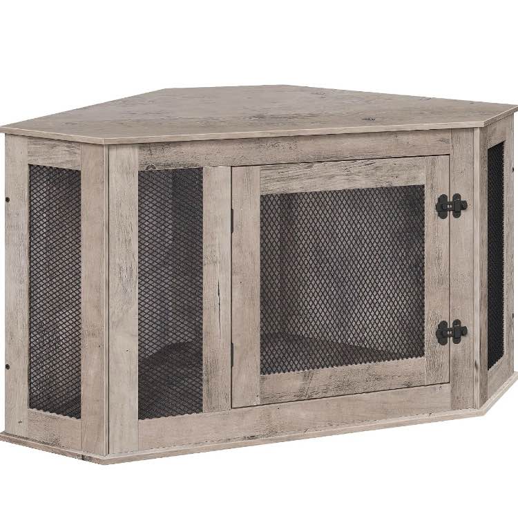 Corner Dog Crate Furniture, Wooden Dog Kennel End Table, Decorative Pet Crate Indoor Use, Furniture Style Dog House for Small Medium Dog, Dog Cage TV Stand, Grey and Black