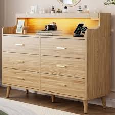 6- Drawer Dresser With 2-Tier Open Shelf, Dresser With Power Outlet 