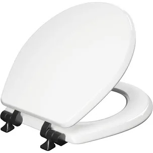 Mayfair Bennett Toilet Seat with Matte Black Hinges, Slow Close Wood Seat, Secure Metal Hinges, Easy Install, Round, White