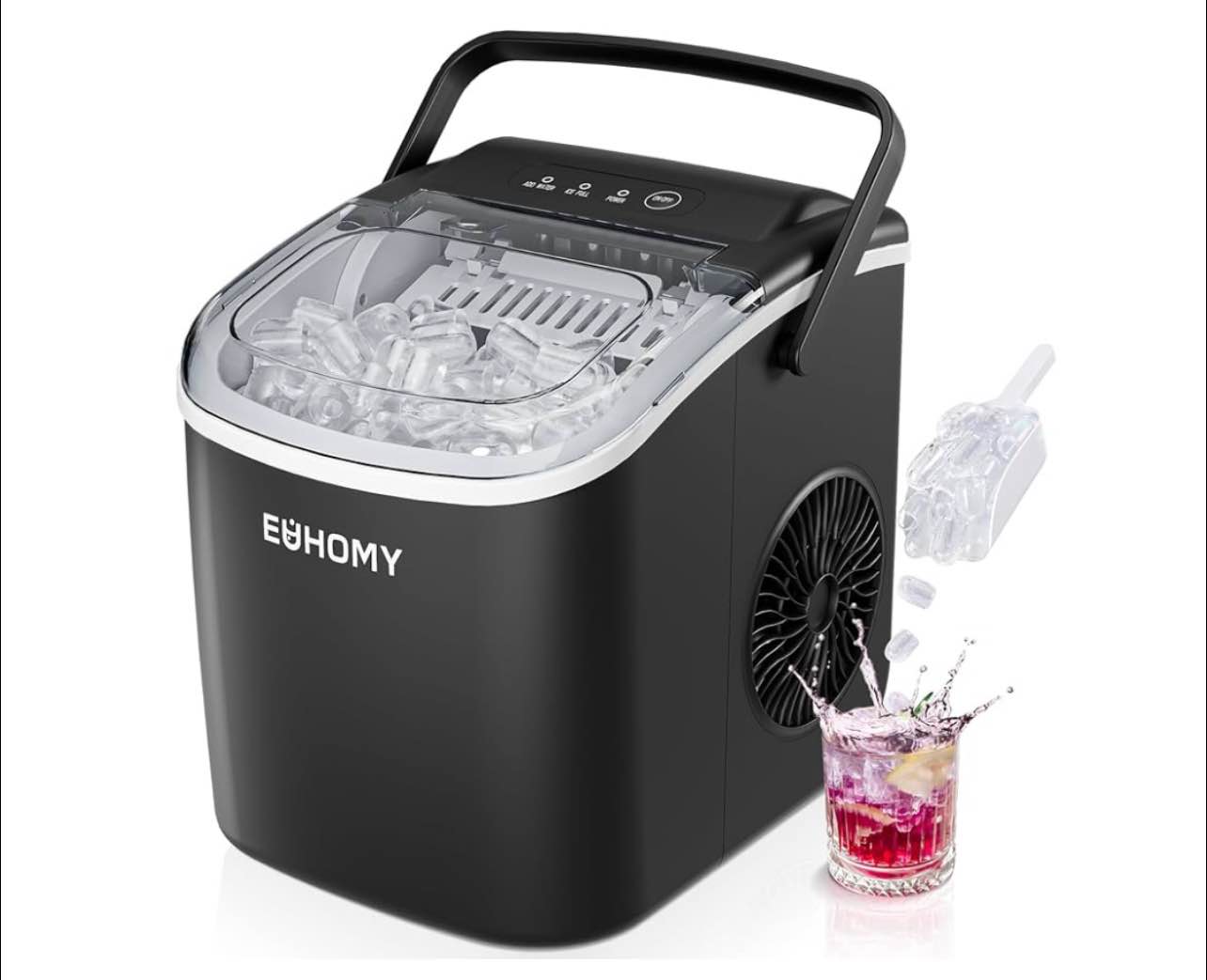 EUHOMY Countertop Ice Maker Machine with Handle, 26lbs in 24Hrs, 9 Ice Cubes Ready in 6 Mins, Auto-Cleaning Portable Ice Maker with Basket and Scoop, for Home/Kitchen/Camping/RV. (Black)
