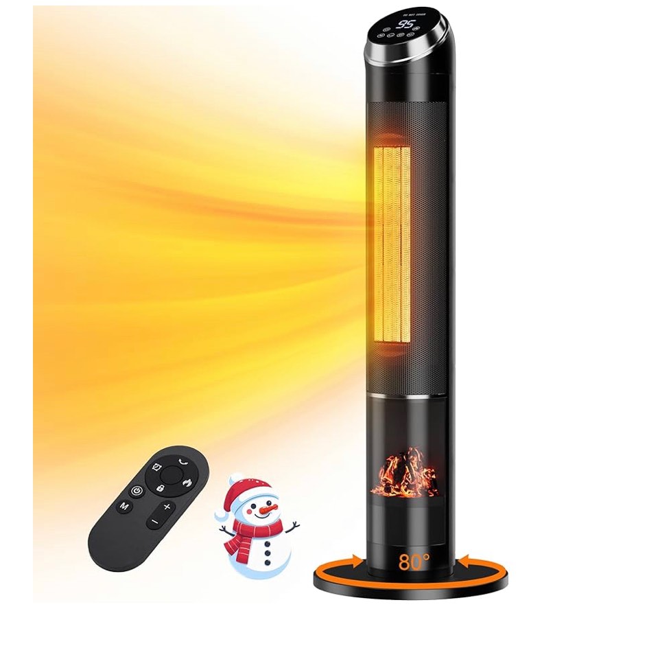 38'' Space Heater, Portable Electric Heater for Indoor Use, 1500W Ceramic Tower Heater with 3D Flame Effect, Adjustable Thermostat, 80° Oscillation, Safety Protection for Office Bedroom Home (Black)