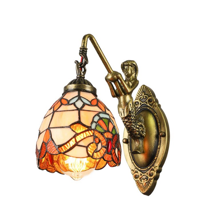 TFCFL Beige Stained Glass Bowl Wall Sconce Lighting with Mermaid Statue, 2-Light LED Wall Light Bronze Finish Wall Fixtures E27 for Bedroom, Hallway Stairway Balcony Cloakroom, Max 40W Per Bulb
