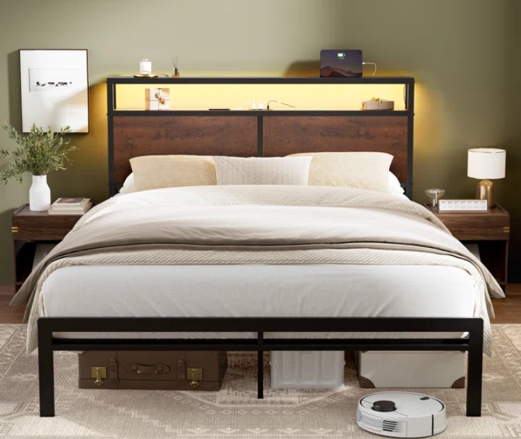 Antioch Queen Size Bed Frame with LED Light and Charging Station, Metal Frame with Storage Headboard, Large Storage Space, No Spring Box Needed