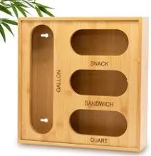 Bamboo Kitchen Drawer Organizer 4-in-1 - Storage Box for Food Bags, Sandwich Snack Gallon Quart Bags Space Saving Drawer & Countertop Organizer