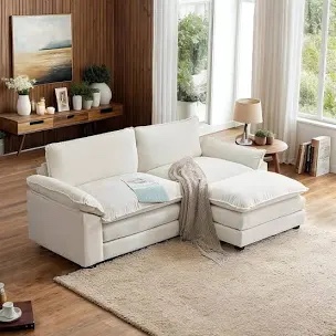 (Missing a box) VINGLI 87" Convertible Sectional Sofa,L-Shaped Deep Seat Sofa Couch for Living Room,Modern 2-Seat Loveseat Sofa with Ottoman for Small Space(Creamy White, 87") (incomplete)