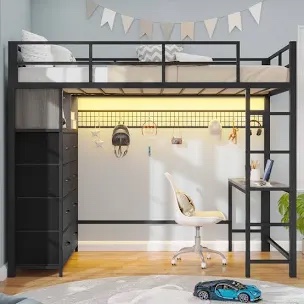 Twin Size Loft Bed With Desk And 8 Storage Drawers, Metal Loft Bed Twin 