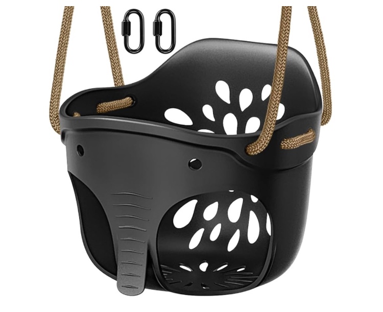 SELEWARE Heavy-Duty High Back Full Bucket Toddler Swing Seat with Locking Carabiners and Adjustable Rope, Cute Elephant Shape Design, 600LB Weight Limit (Bucket Swing, Black)