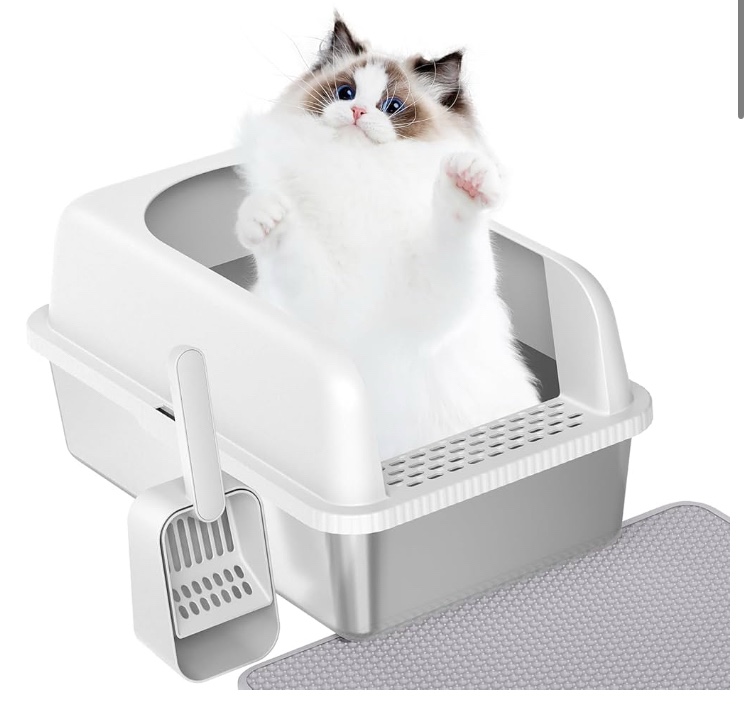 Prodigen Stainless Steel Cat Litter Box with Lid High Wall Sides Enclosure, Non-Sticky, Anti-Leakage, Easy Cleaning, with Cat Mat & Metal Scoop, 19.6" L x 14" W x 12" H
