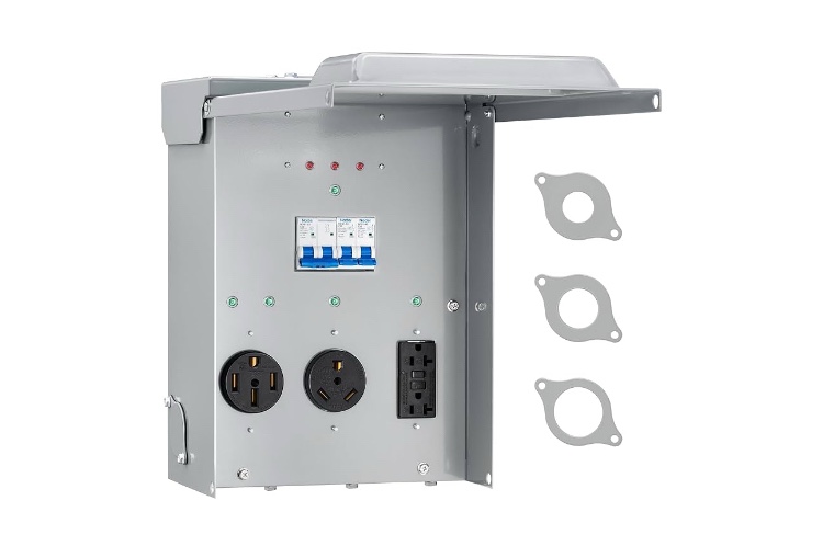 SURAIELEC RV Electrical Panel with Surge Protector, Weatherproof RV Breaker Box with 10800J Surge Protection, 50/30/20 Amp RV Outlet Box Hookup, Camper, Travel Trailer, ETL Listed