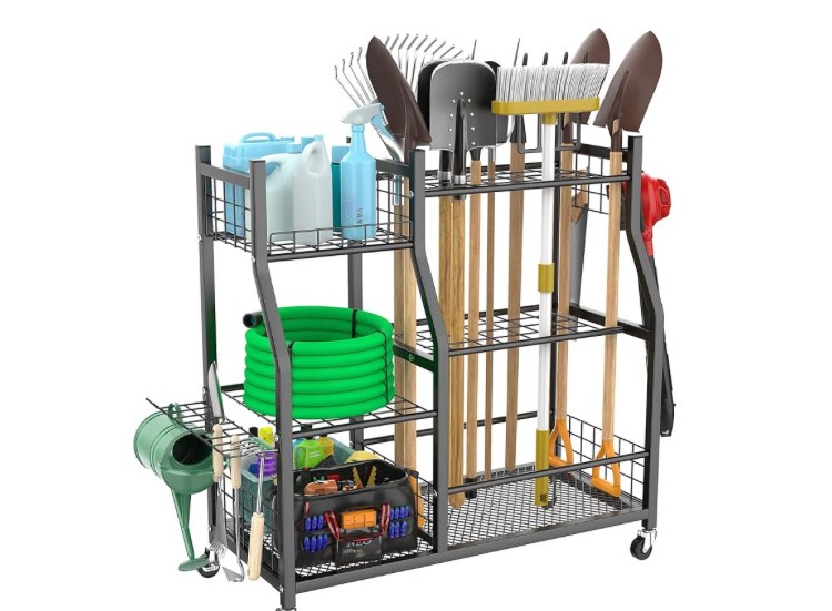 WALMANN Garden Tool Organizer with Wheels for Garage, Large Storage Capacity, Rakes/Shovels/Yard Tools Storage Stand for Shed, Garden, Indoor/Outdoor Long-Handled Tools Rolling Cart