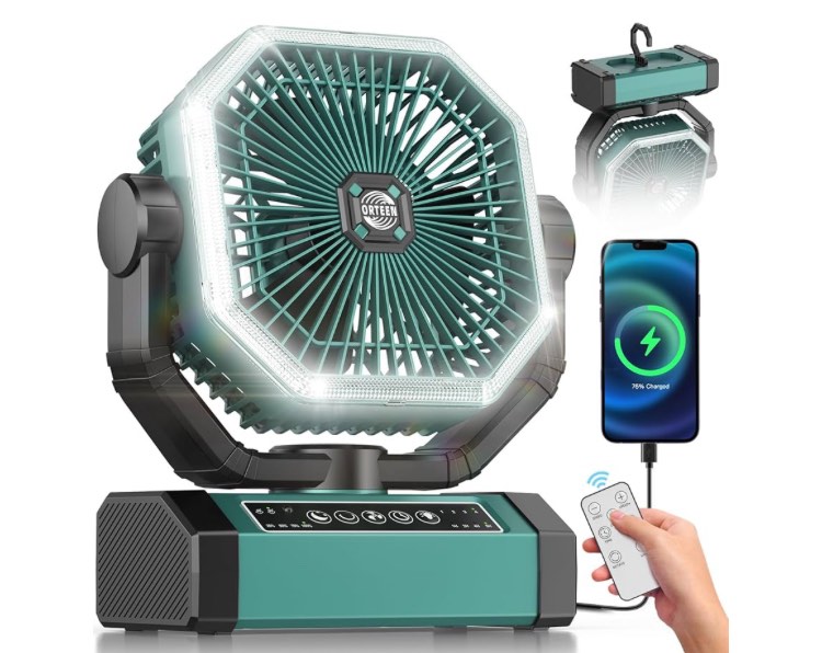 Portable Rechargeable Fan - 9-Inch Camping Fan for Tent, 20000mAh(60Hrs) Battery Operated for Camping, Auto Oscillation Cordless, Tent Fan with Remote/Light, 4 Speeds, 4 Timing, Outdoor