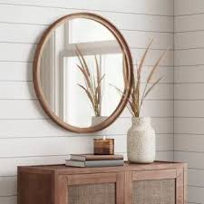26" Classic Wood Round Mirror Natural - Threshold™: Pine Frame, Wall Mounted, Bathroom Compatible