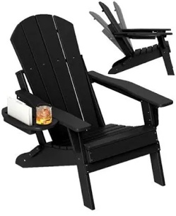FOOWIN Adjustable Backrest Folding Adirondack Chair with Cup Holder, HDPE Weather Resistant Fire Pit Chair, Black