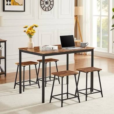 VECELO Dining Table Set for 4 Kitchen Industrial Bar Dinette with Rectangular Tabletop, Save Spacing&Sturdy Metal Frames, Brown