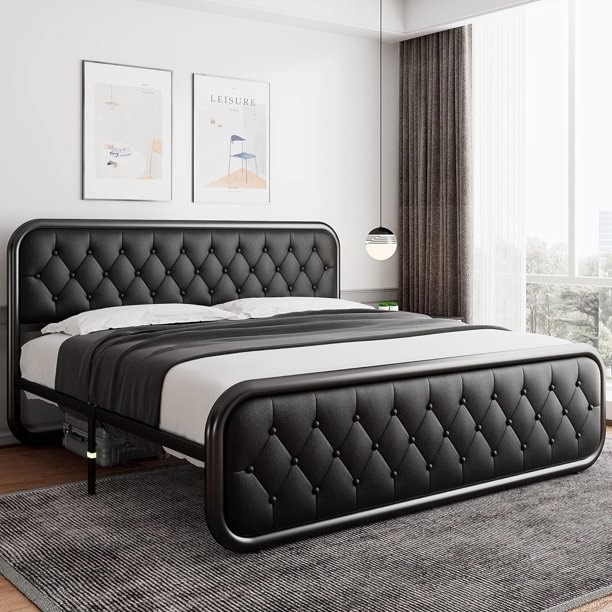 Feonase King Size Metal Bed Frame with Leather Headboard, Heavy-Duty Platform Bed Frame, Thicker Metal Steel Slats Support, 12'' Under-Bed Space, Noise-Free, Easy Assembly, Black