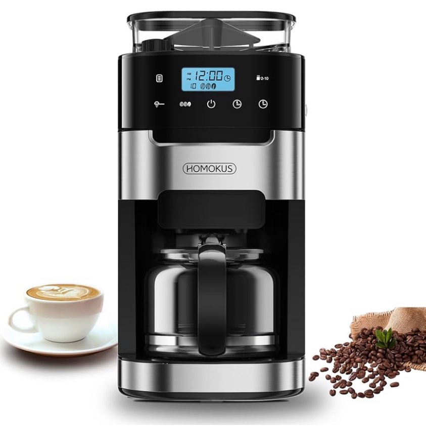 HOMOKUS 10-Cup Coffee Maker with Grinder, Touch Screen, Automatic Brew, Warming Plate, 1.5L Water Tank, Removable Filter