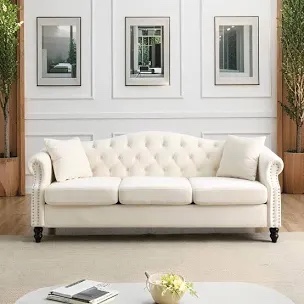 (Missing 2 boxes) Chesterfield Sofa Velvet, Modern Tufted Couch 3 Seater with Rolled Arms and Nailhead for Living Room, Bedroom, Office, Apartment (Beige)