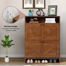 KIOMIMI Walnut Slim Entryway Shoe Cabinet, Hidden Narrow Shoe Holder for Outdoor Foyer, Hallway