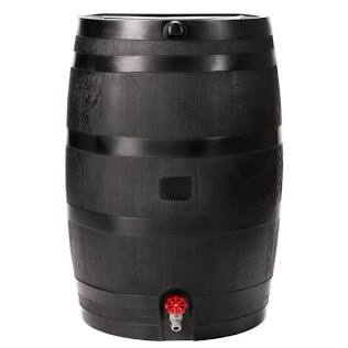 50-gallon eco rain barrel made with 100% recycled plastic, flat back rain water collection barrel, black