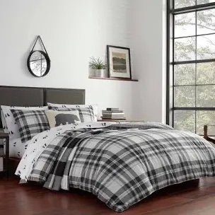 Eddie Bauer Home Coal Creek Collection 100% Cotton Soft & Cozy Premium Quality Plaid Comforter with Matching Shams, 3-Piece Bedding Set, Full/Queen, Grey