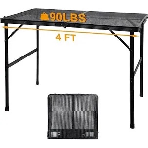 Camping Table with Mesh Desktop, Lightweight & Portable Folding Grill Table, Height Adjustable Metal Outdoor Table for Camp, Cooking, BBQ, RV, Picnic-4 FT Black